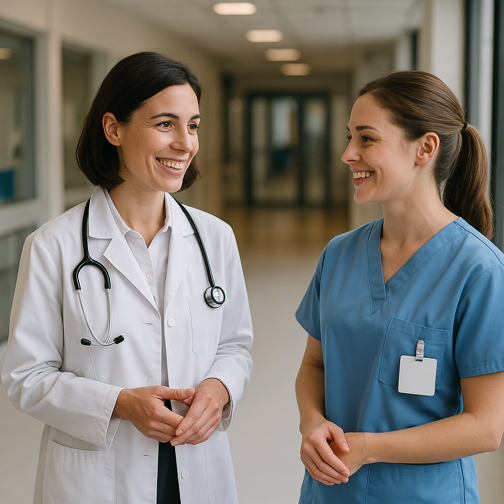 Ärztin redet mit Krankenschwester.